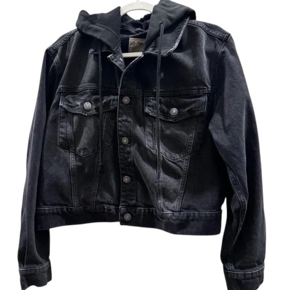 We The Free by Free People Black Washed Hooded Denim Jacket Jean Hoodie - Picture 6 of 8